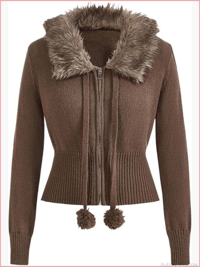 Zip Up Long Sleeve Knit Cardigan Sweater Fuzzy Crop Jacket Outerwear